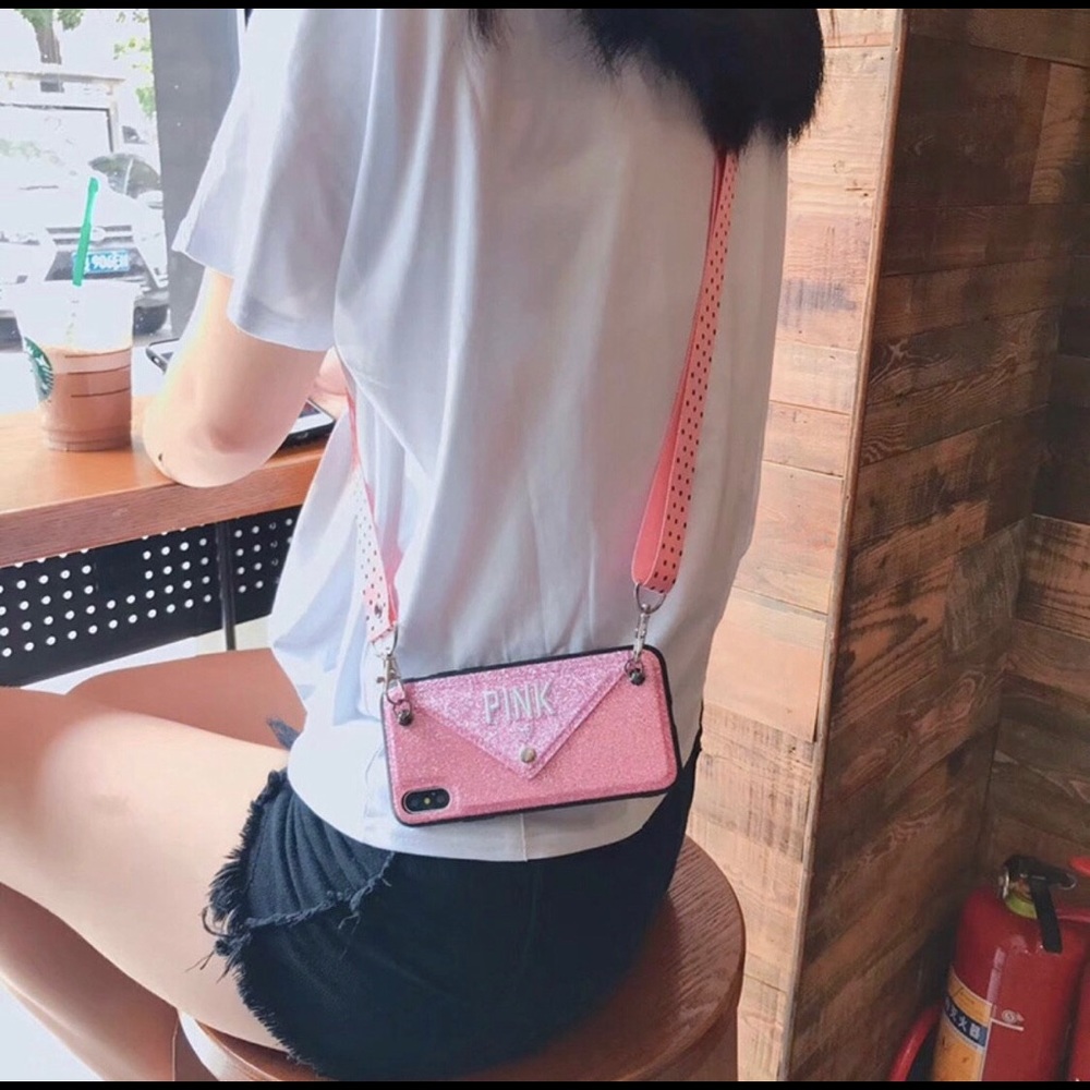 Pink Glitter Cell Phone Case w/ Neck Strap Wallet